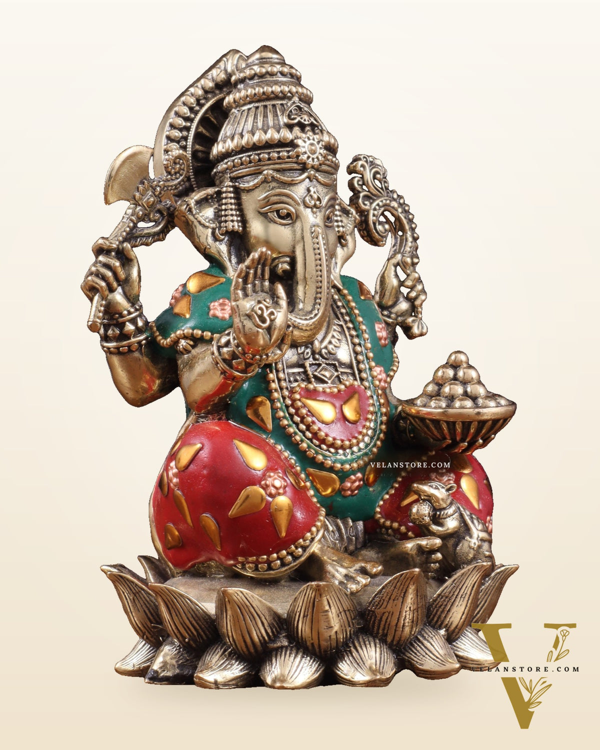 Brass Superfine Intricately Carved Small Right trunk Ganesha Idol with meenakari Stonework - 5" Tall