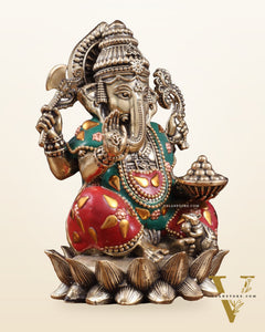 Brass Superfine Intricately Carved Small Right trunk Ganesha Idol with meenakari Stonework - 5" Tall