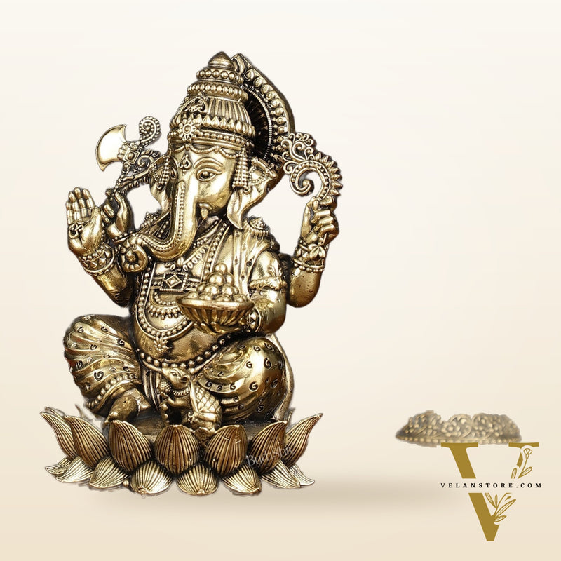Brass Superfine Intricately Carved Small Right trunk Ganesha Idol - 5" Tall