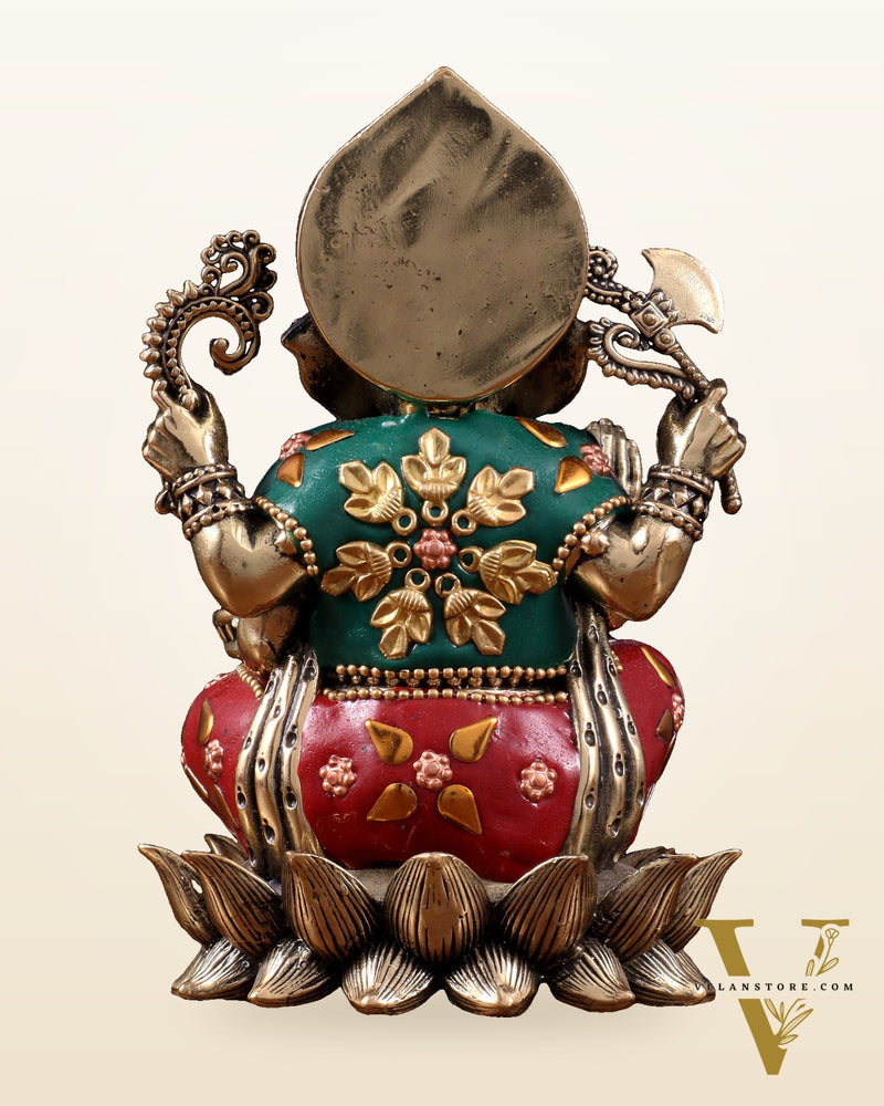 Brass Superfine Intricately Carved Small Right trunk Ganesha Idol with meenakari Stonework - 5" Tall