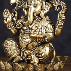 Brass Superfine Intricately Carved Small Right trunk Ganesha Idol - 5" Tall