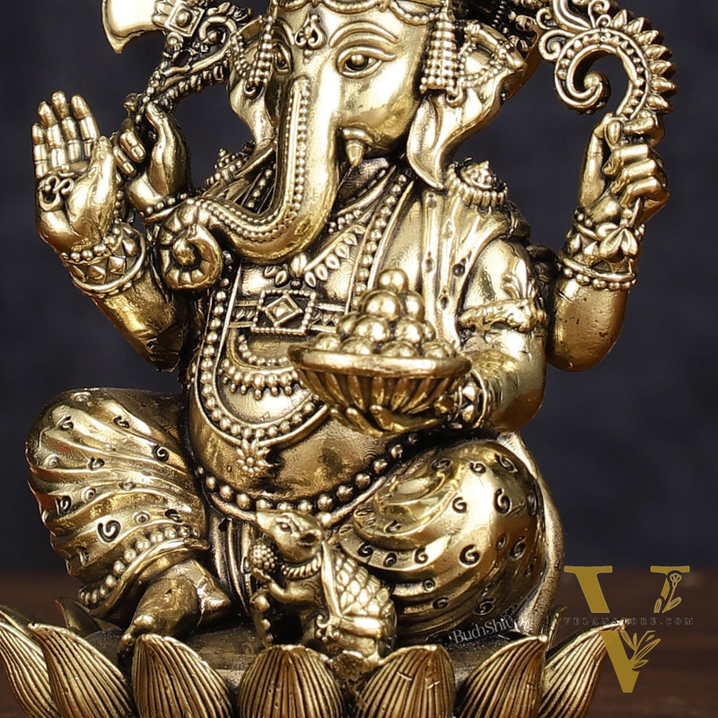 Brass Superfine Intricately Carved Small Right trunk Ganesha Idol - 5" Tall