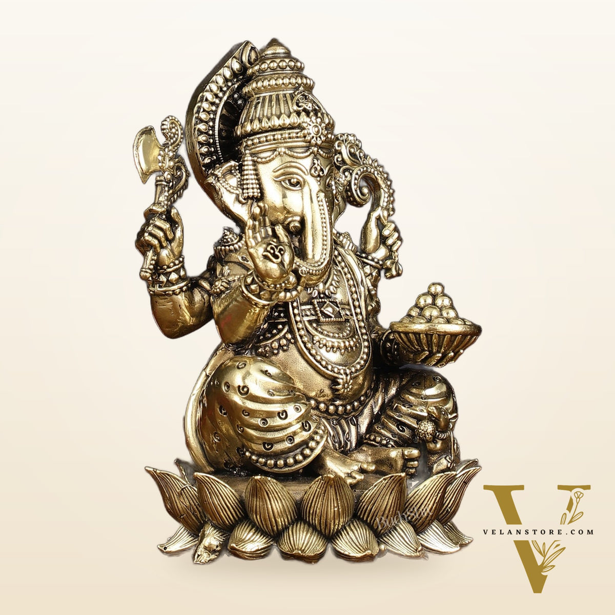 Brass Superfine Intricately Carved Small Right trunk Ganesha Idol - 5" Tall