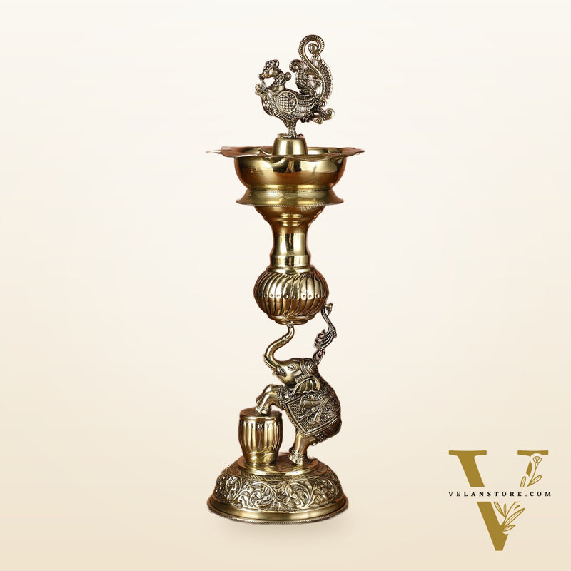 Brass Superfine Jumping Elephant Peacock Lamp - Intricately Handcrafted - 11.5" Tall
