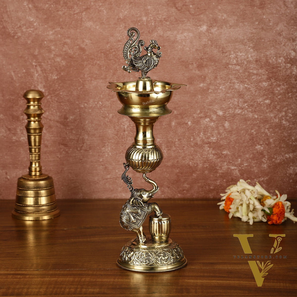 Brass Superfine Jumping Elephant Peacock Lamp - Intricately Handcrafted - 11.5" Tall