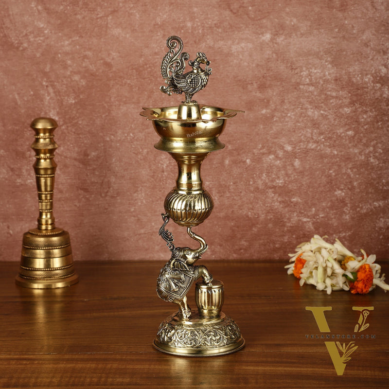 Brass Superfine Jumping Elephant Peacock Lamp - Intricately Handcrafted - 11.5" Tall