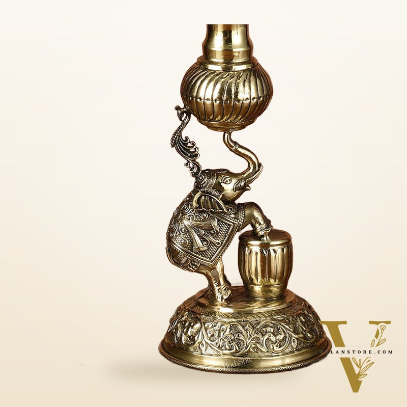 Brass Superfine Jumping Elephant Peacock Lamp - Intricately Handcrafted - 11.5" Tall