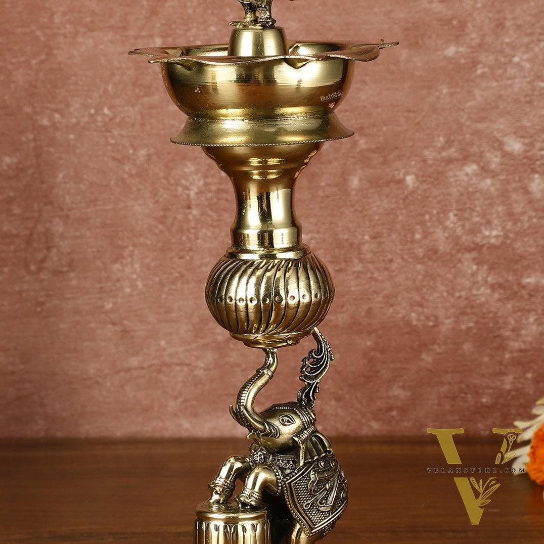 Brass Superfine Jumping Elephant Peacock Lamp - Intricately Handcrafted - 11.5" Tall