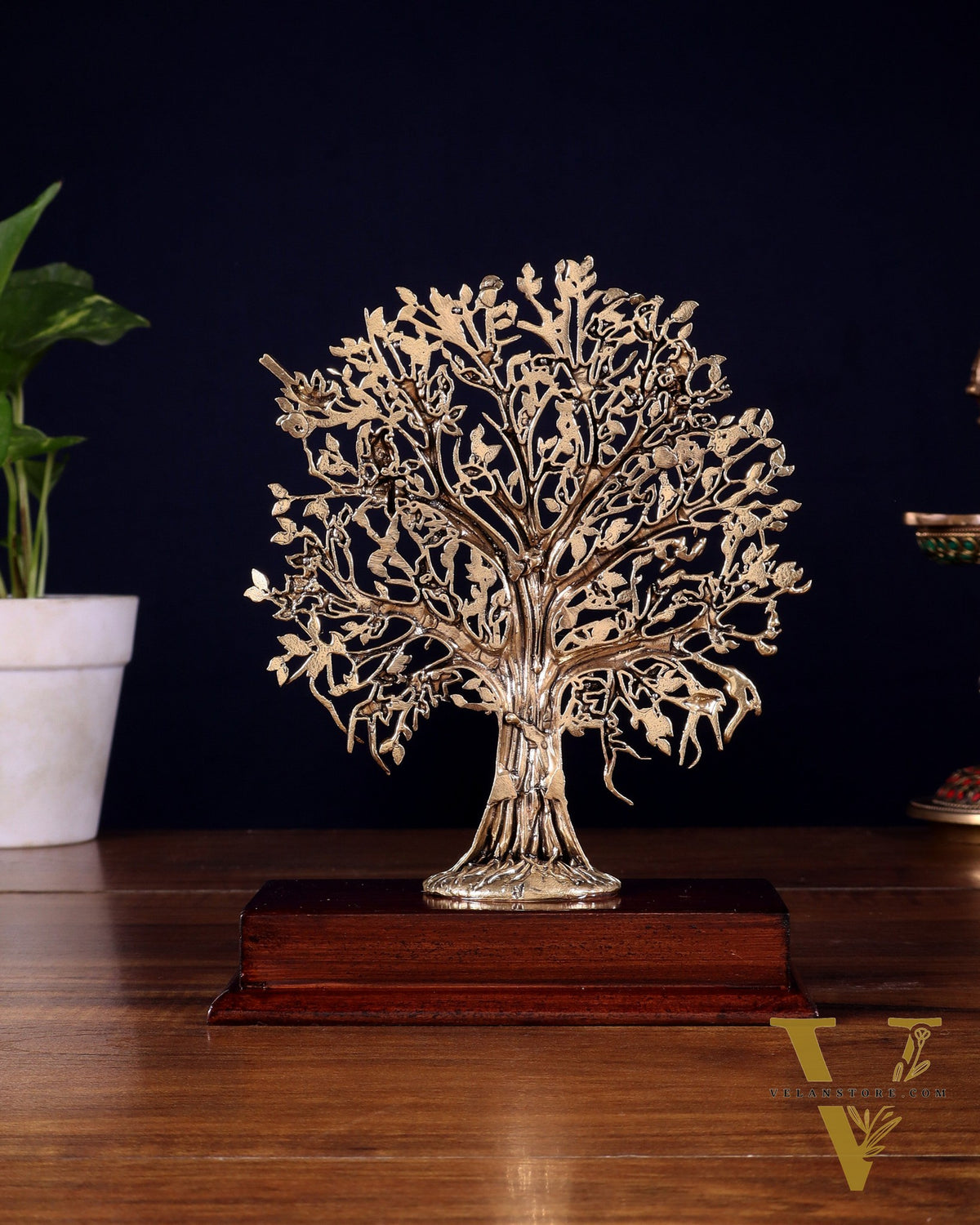 Brass Superfine Kalpavriksha Tree on Wooden Base – 7.5 Inch