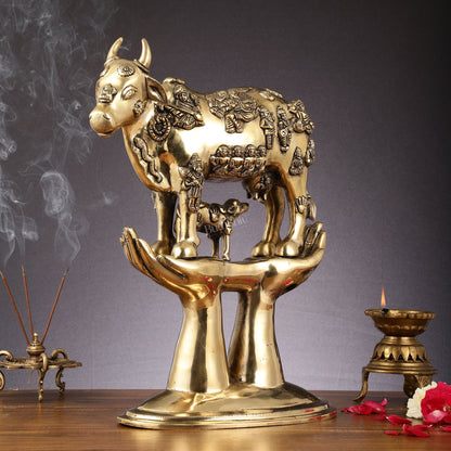 Brass Superfine Kamadhenu Cow with Calf Idol large 18" golden tone