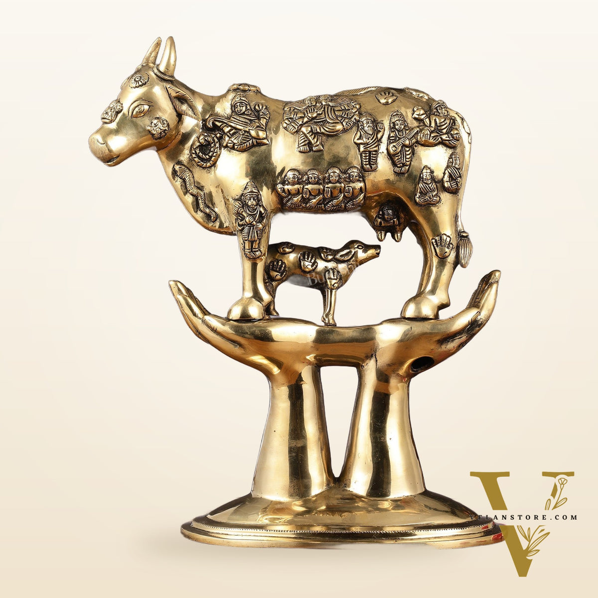 Brass Superfine Kamadhenu Cow with Calf Idol large 18" golden tone