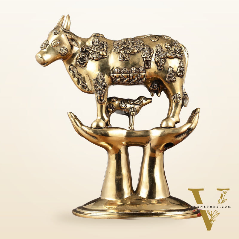 Brass Superfine Kamadhenu Cow with Calf Idol large 18" golden tone
