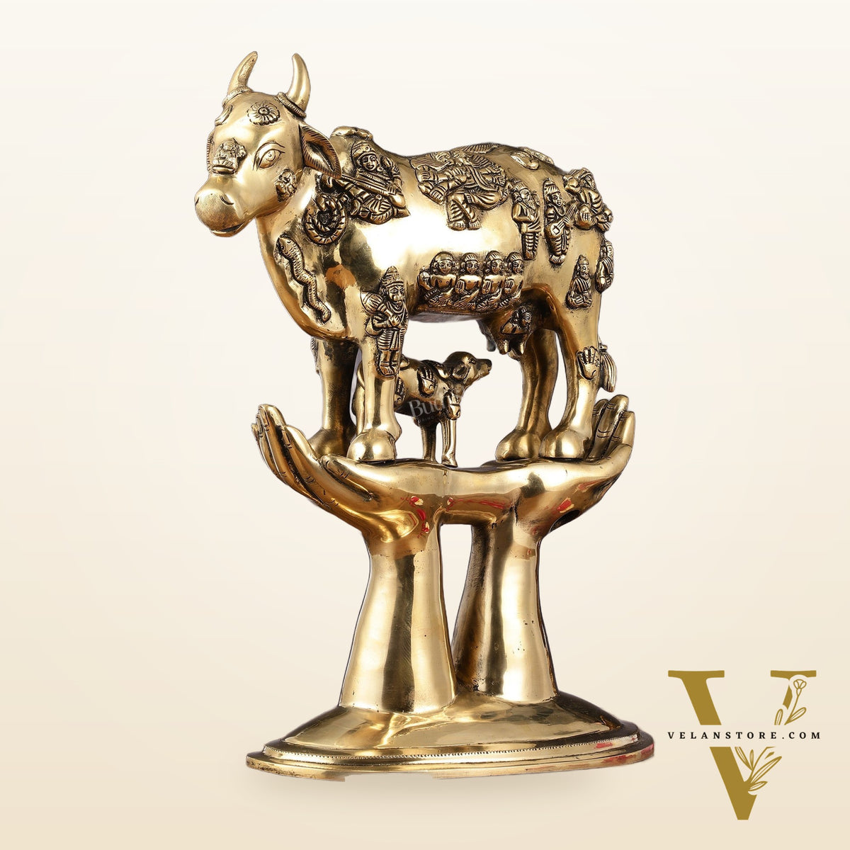 Brass Superfine Kamadhenu Cow with Calf Idol large 18" golden tone
