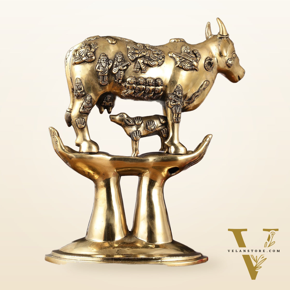 Brass Superfine Kamadhenu Cow with Calf Idol large 18" golden tone