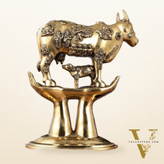 Brass Superfine Kamadhenu Cow with Calf Idol large 18" golden tone