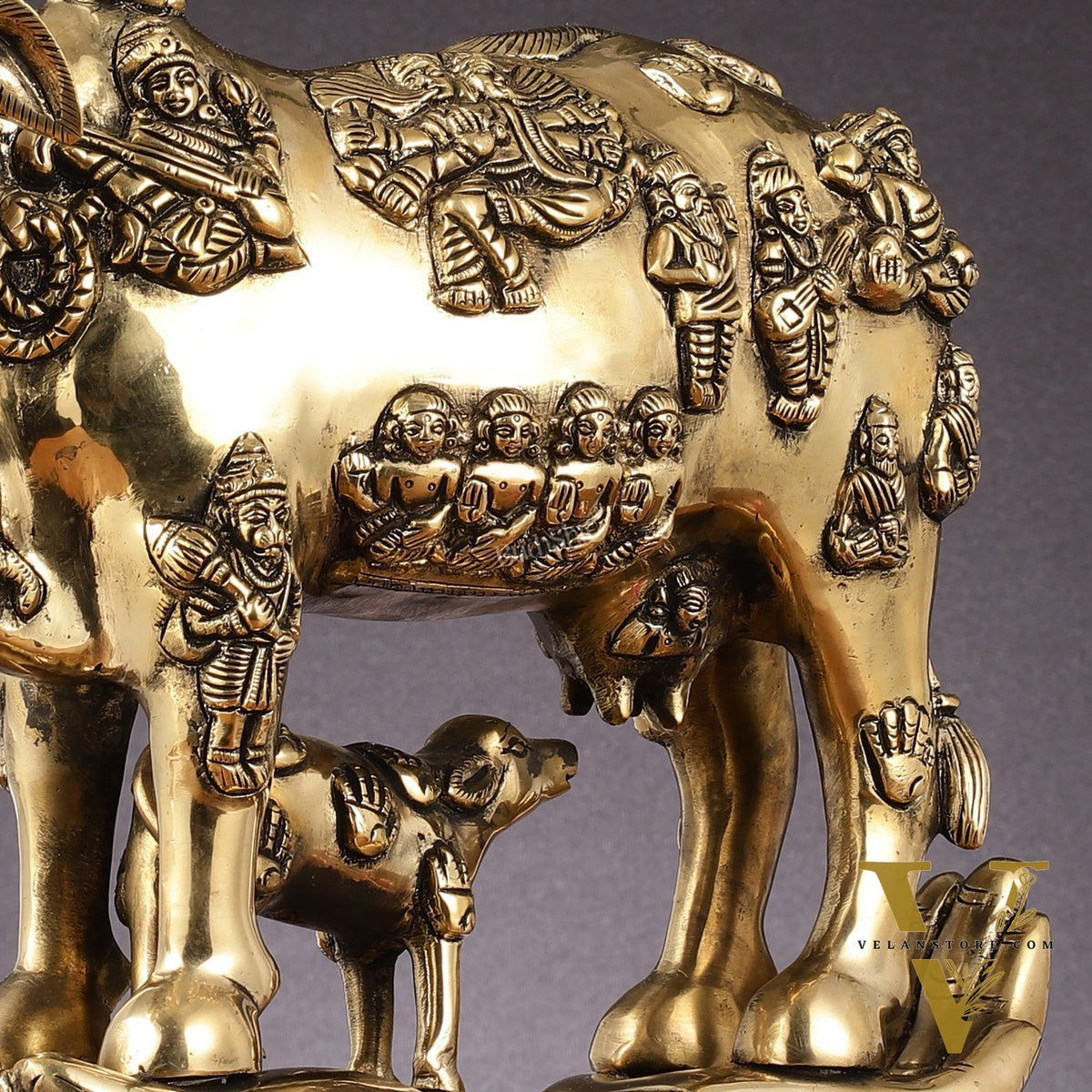 Brass Superfine Kamadhenu Cow with Calf Idol large 18" golden tone