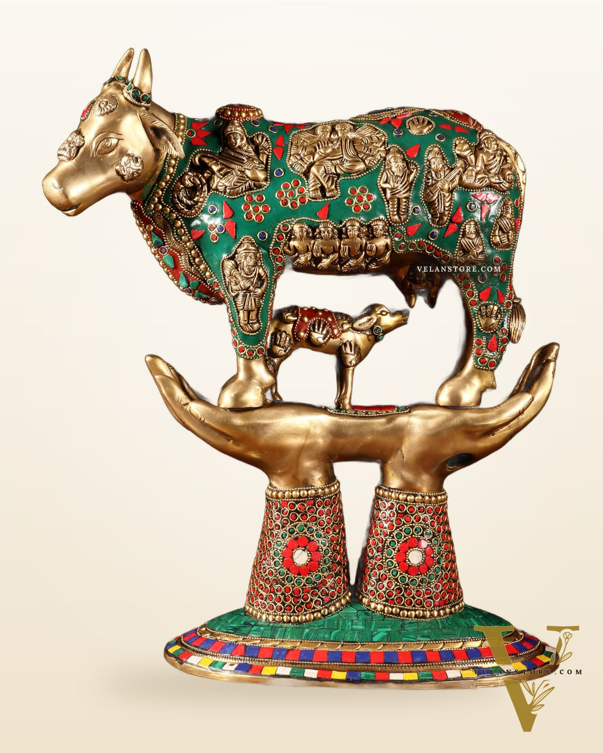 Brass Superfine Kamadhenu Cow with Calf Idol large 18" meenakari