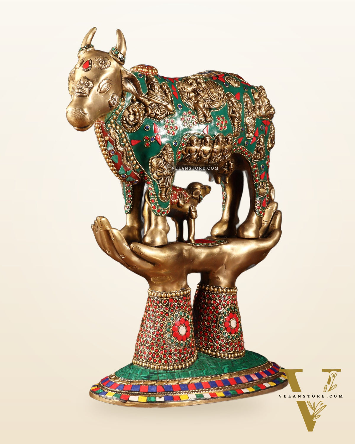 Brass Superfine Kamadhenu Cow with Calf Idol large 18" meenakari