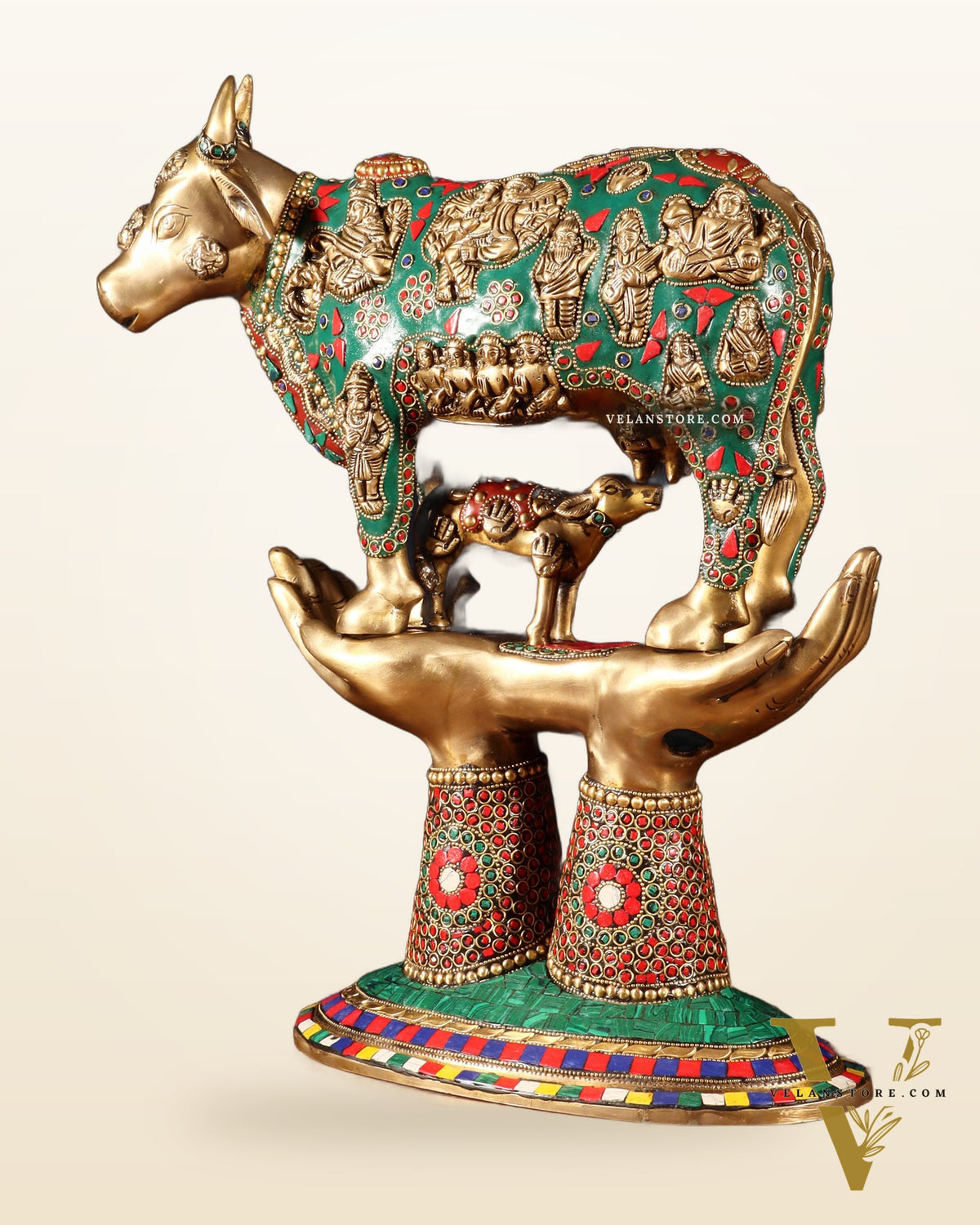 Brass Superfine Kamadhenu Cow with Calf Idol large 18" meenakari