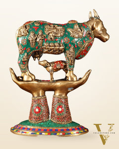 Brass Superfine Kamadhenu Cow with Calf Idol large 18" meenakari