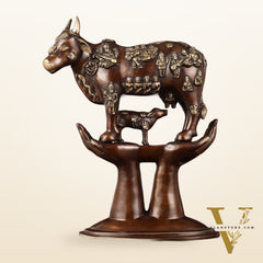Brass Superfine Kamadhenu Cow with Calf Idol large 18"