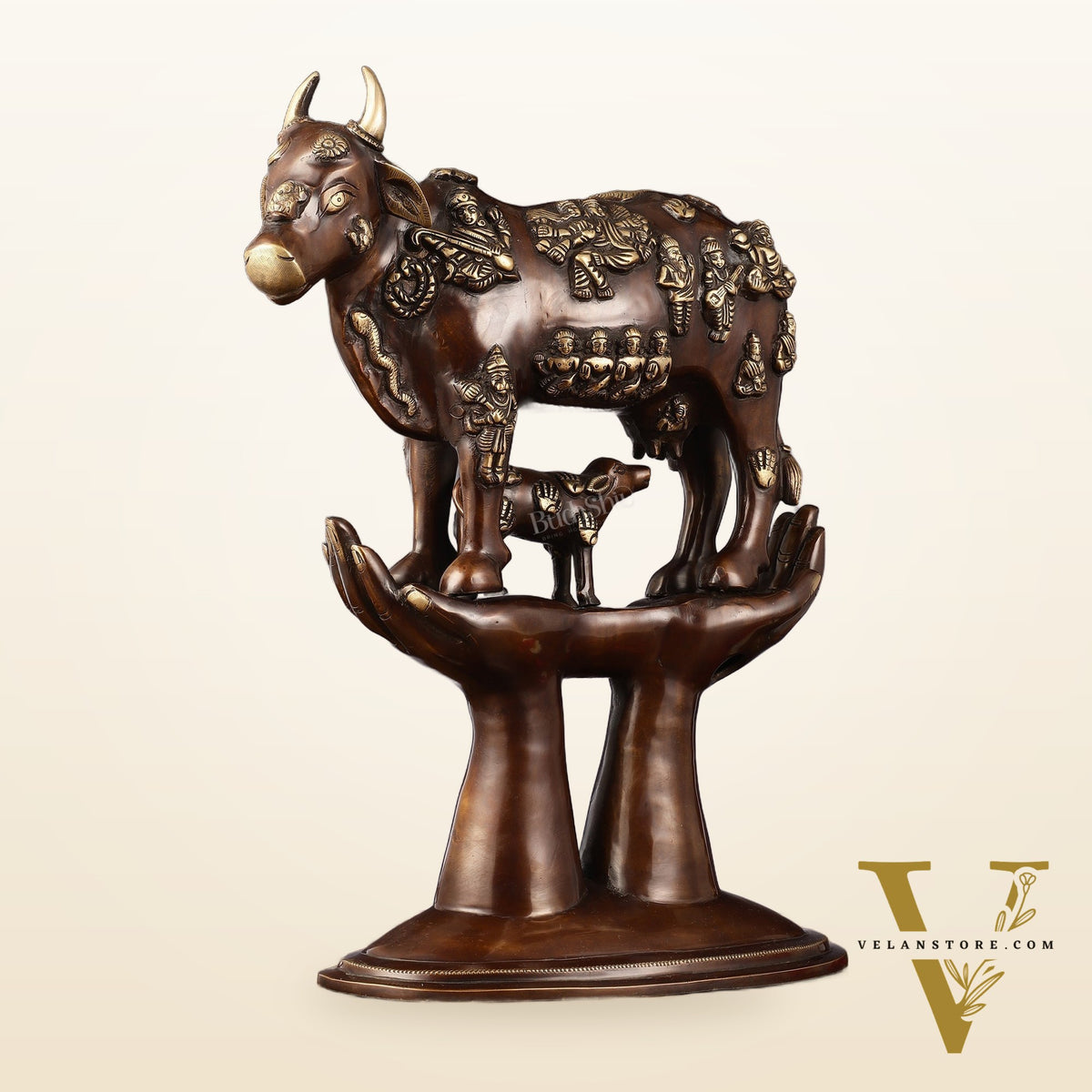 Brass Superfine Kamadhenu Cow with Calf Idol large 18"