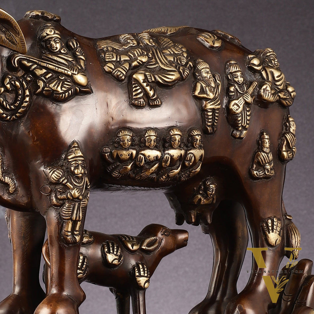 Brass Superfine Kamadhenu Cow with Calf Idol large 18"