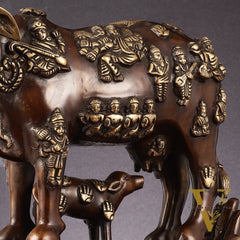 Brass Superfine Kamadhenu Cow with Calf Idol large 18"