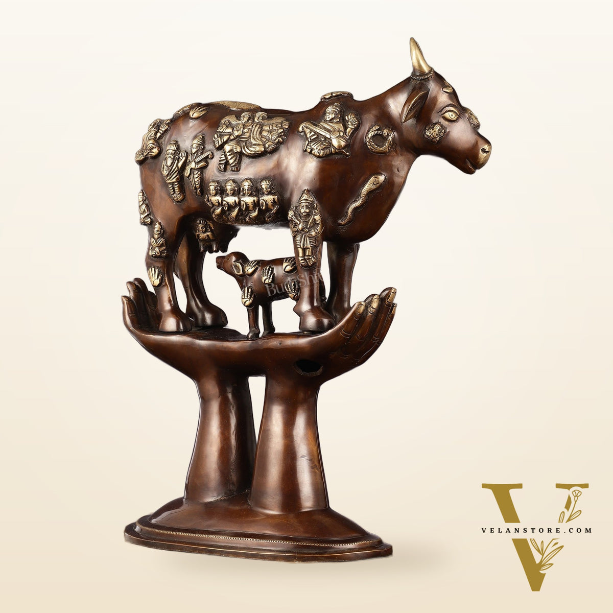 Brass Superfine Kamadhenu Cow with Calf Idol large 18"