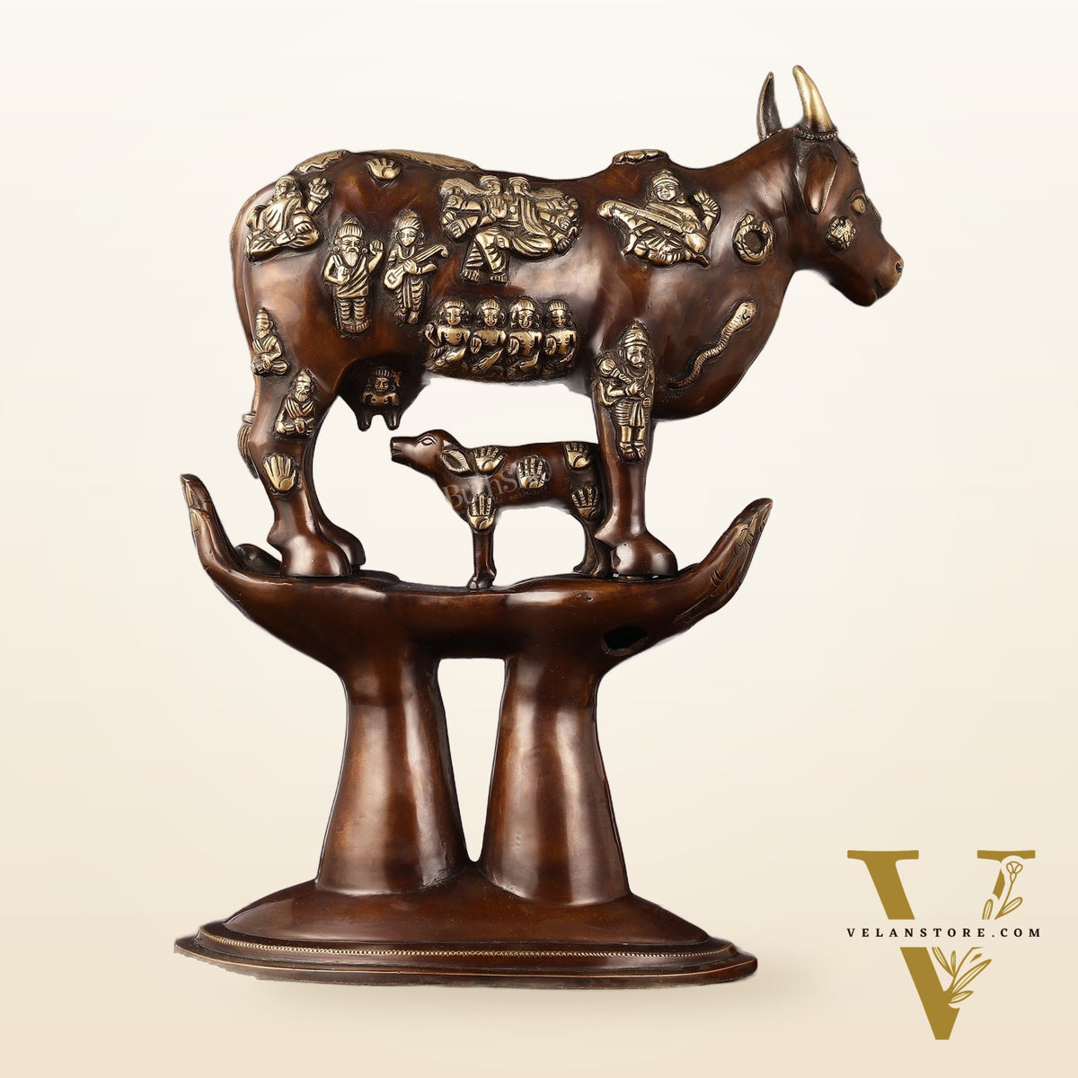 Brass Superfine Kamadhenu Cow with Calf Idol large 18"