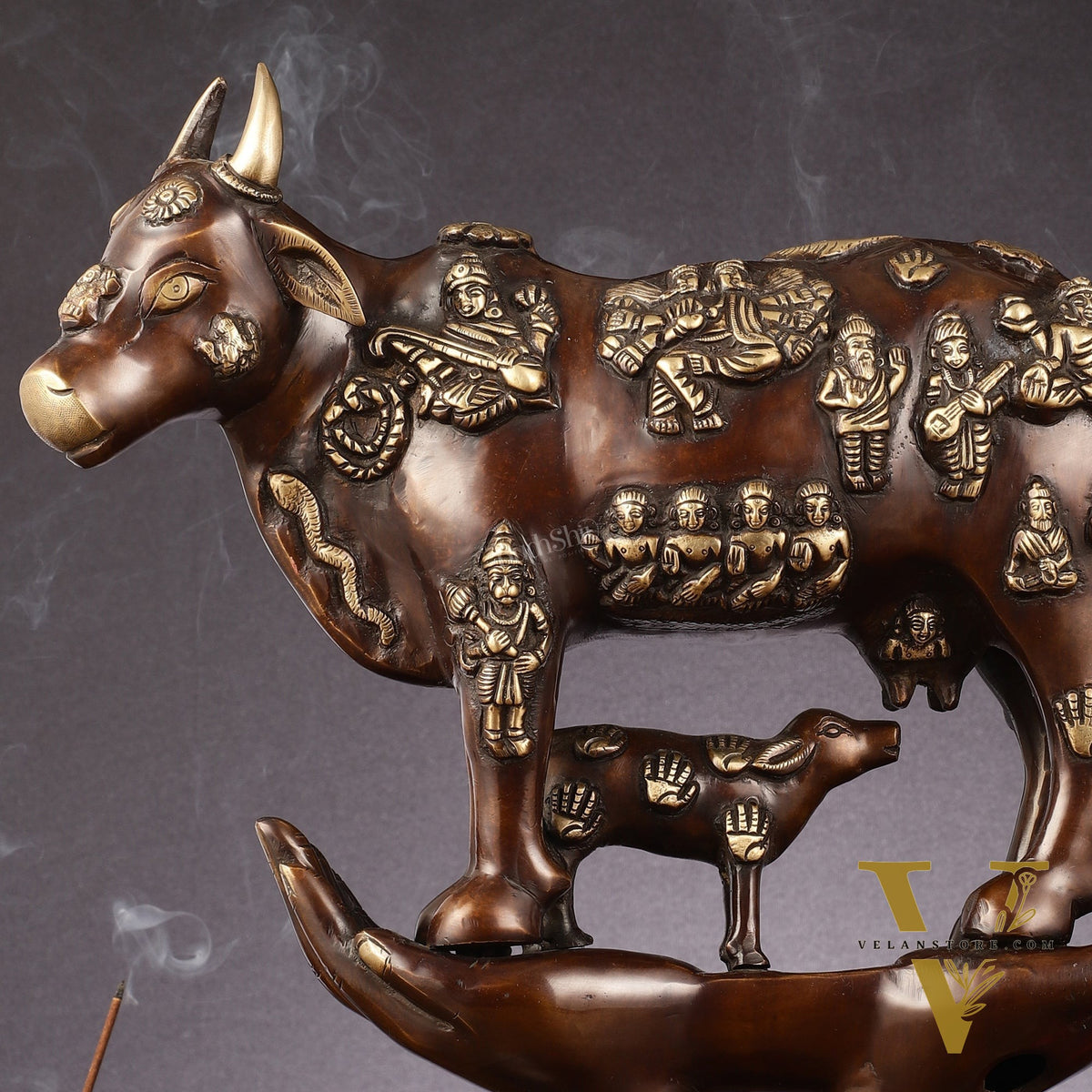 Brass Superfine Kamadhenu Cow with Calf Idol large 18"