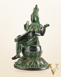 Brass Superfine Kamal Saraswati Idol - Lotus Saraswati Murti 10 Inch