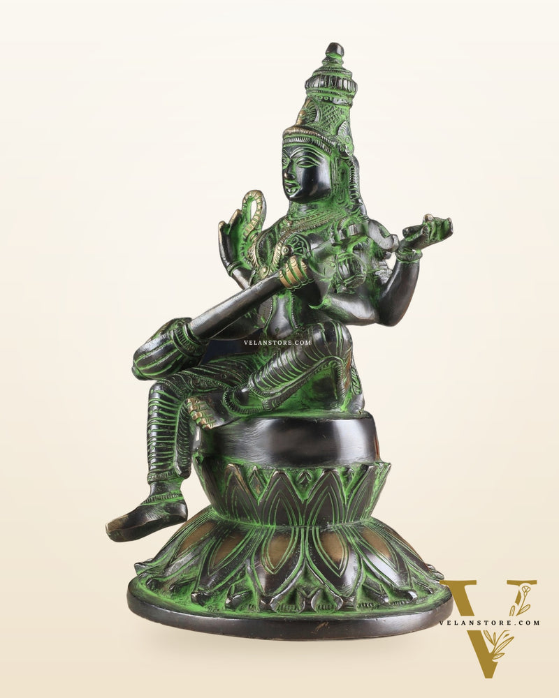 Brass Superfine Kamal Saraswati Idol - Lotus Saraswati Murti 10 Inch