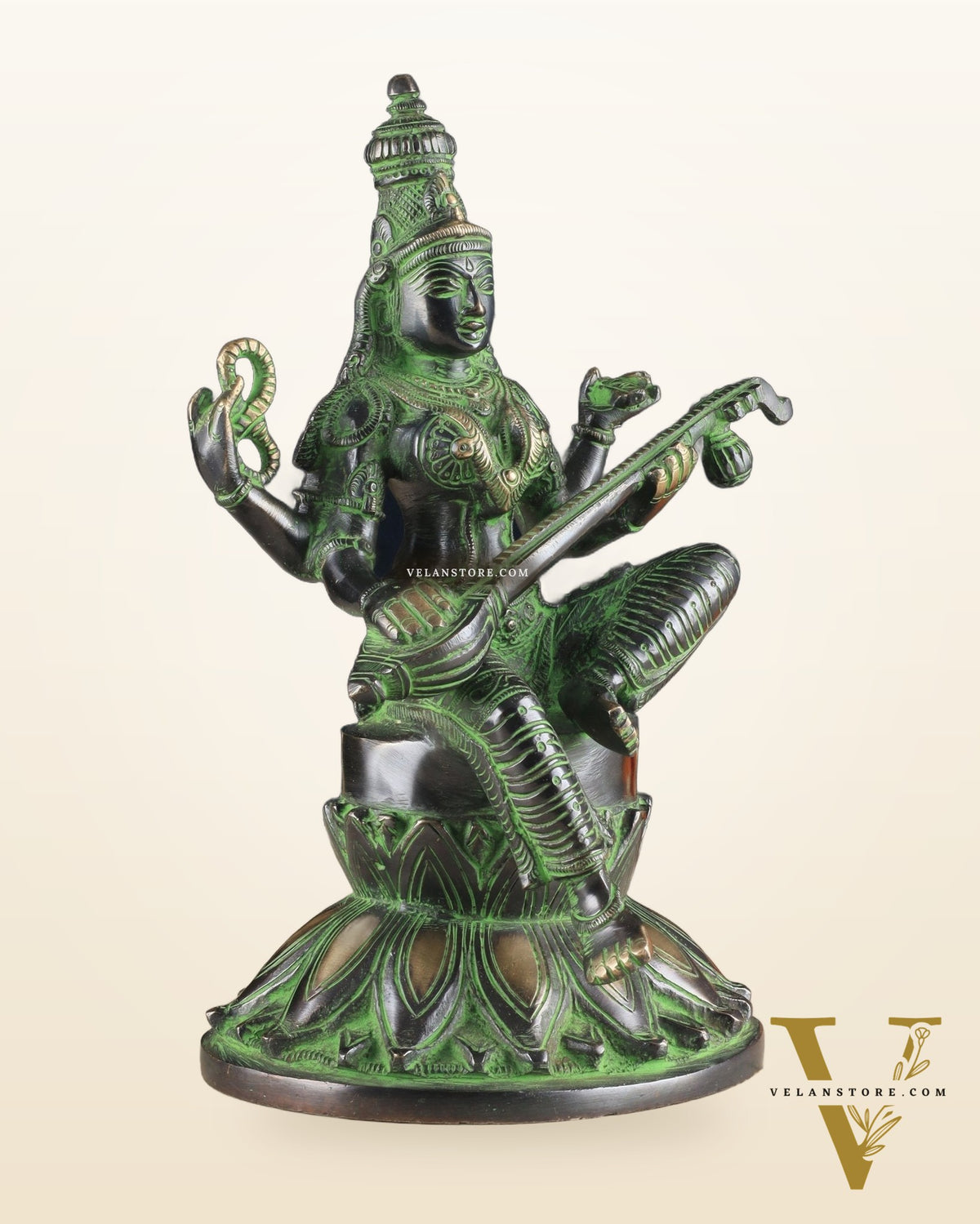 Brass Superfine Kamal Saraswati Idol - Lotus Saraswati Murti 10 Inch