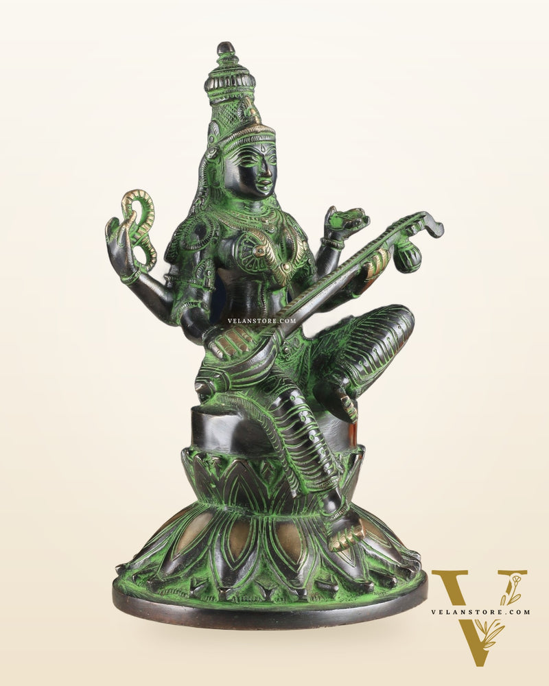 Brass Superfine Kamal Saraswati Idol - Lotus Saraswati Murti 10 Inch