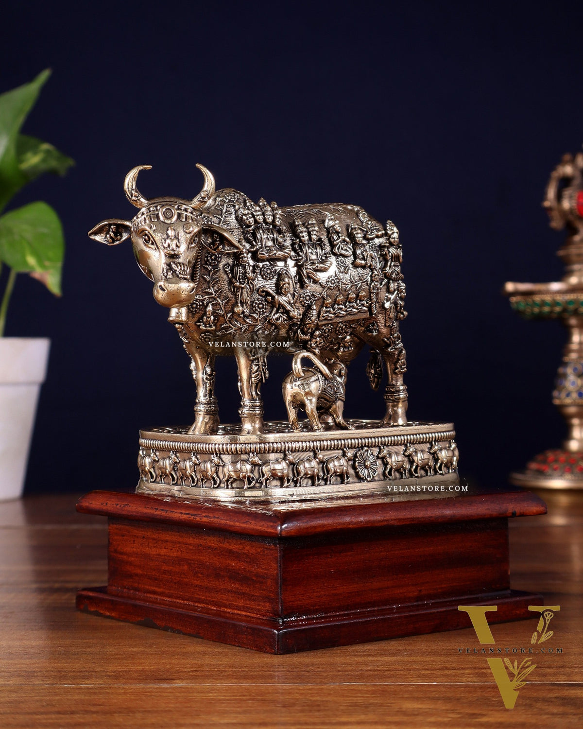 Brass Superfine Kamdhenu Cow with Calf – All Gods Engraved on Wooden Base (8.5 Inch)