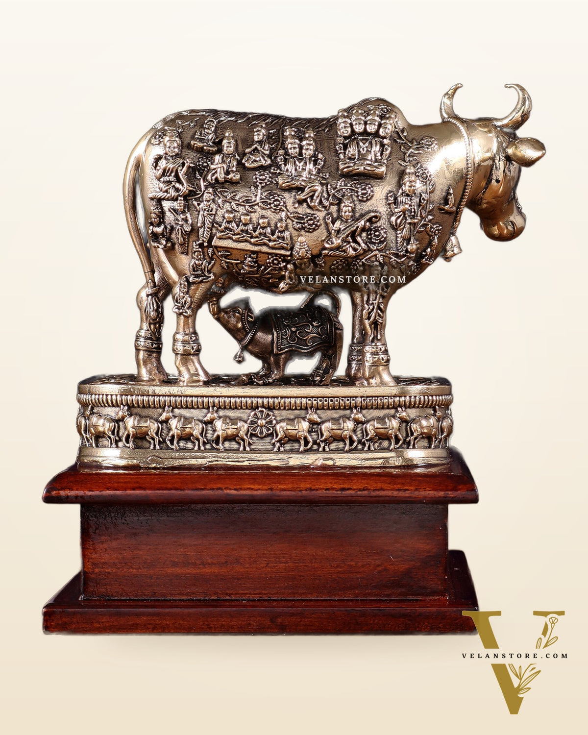Brass Superfine Kamdhenu Cow with Calf – All Gods Engraved on Wooden Base (8.5 Inch)