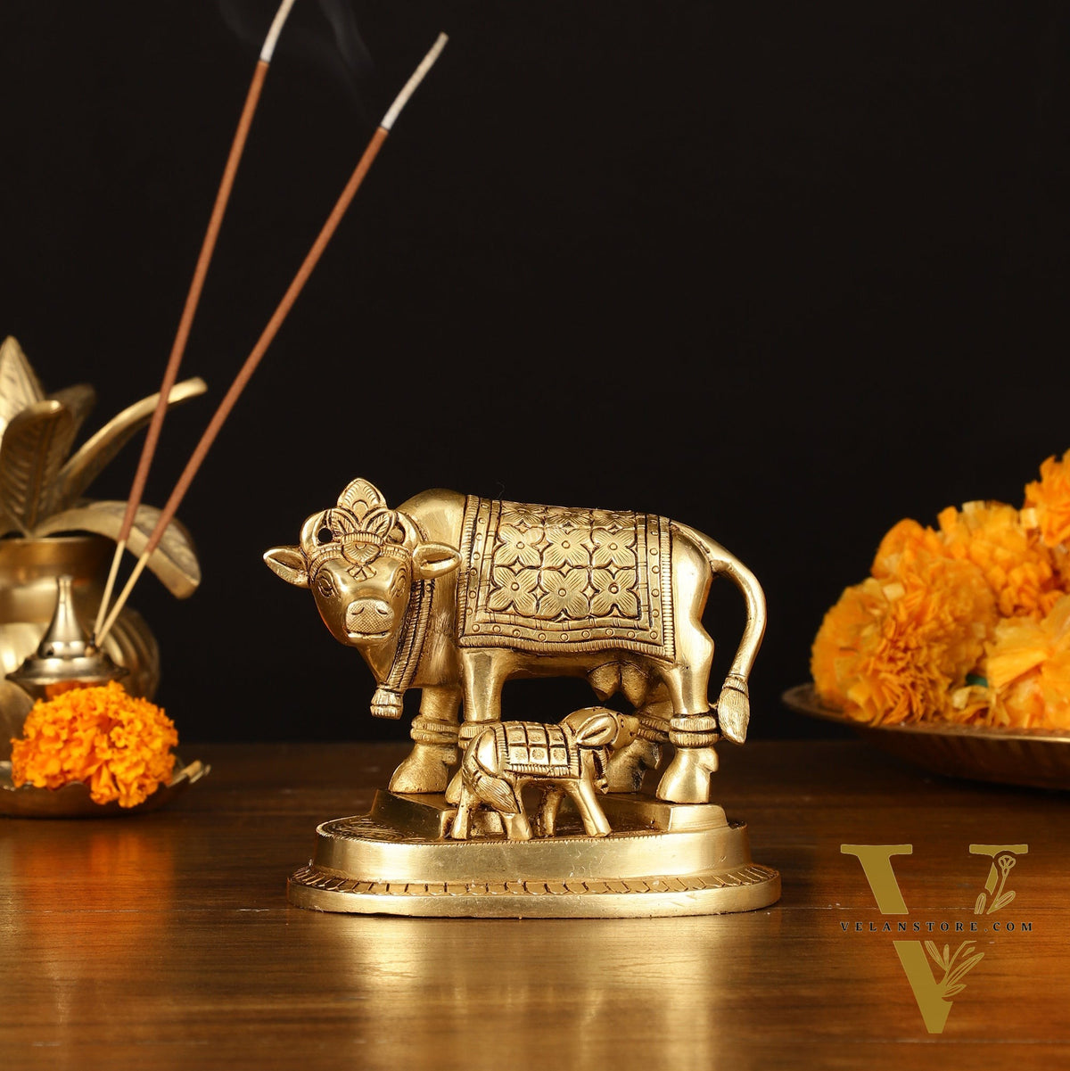 Brass Superfine Kamdhenu Cow with Calf Idol - 4" Height