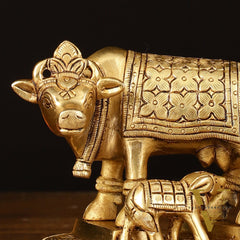 Brass Superfine Kamdhenu Cow with Calf Idol - 4" Height