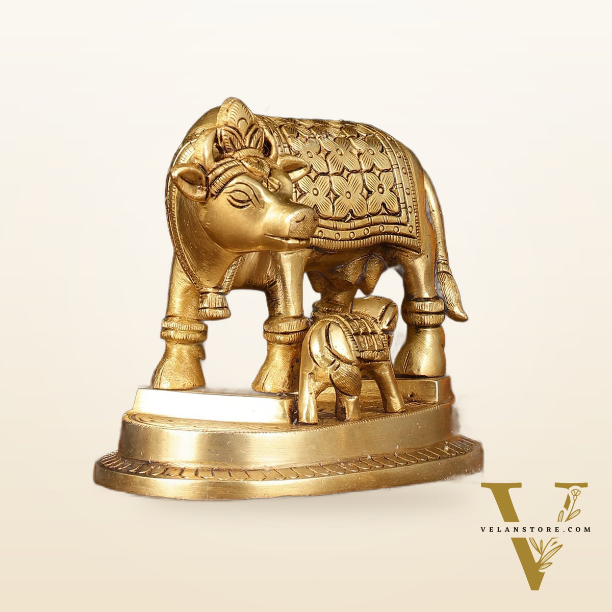 Brass Superfine Kamdhenu Cow with Calf Idol - 4" Height