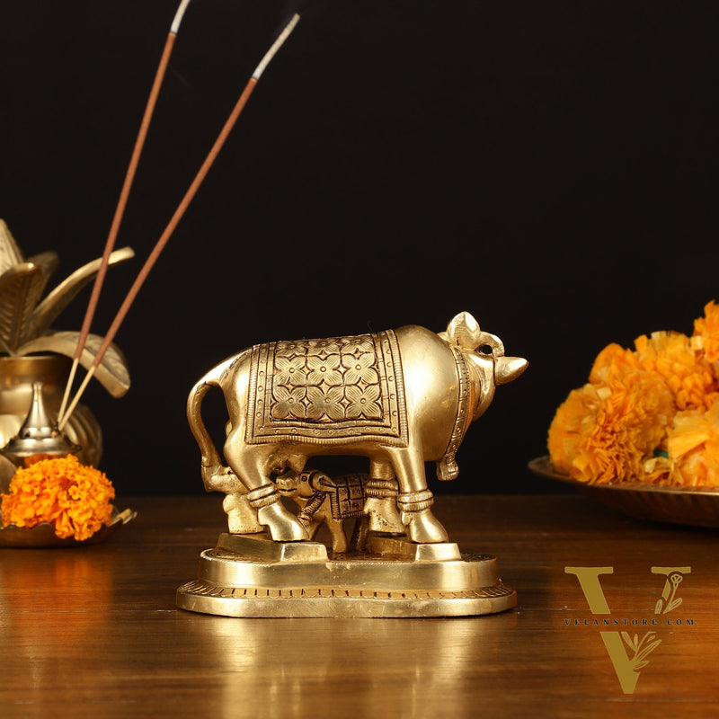 Brass Superfine Kamdhenu Cow with Calf Idol - 4" Height