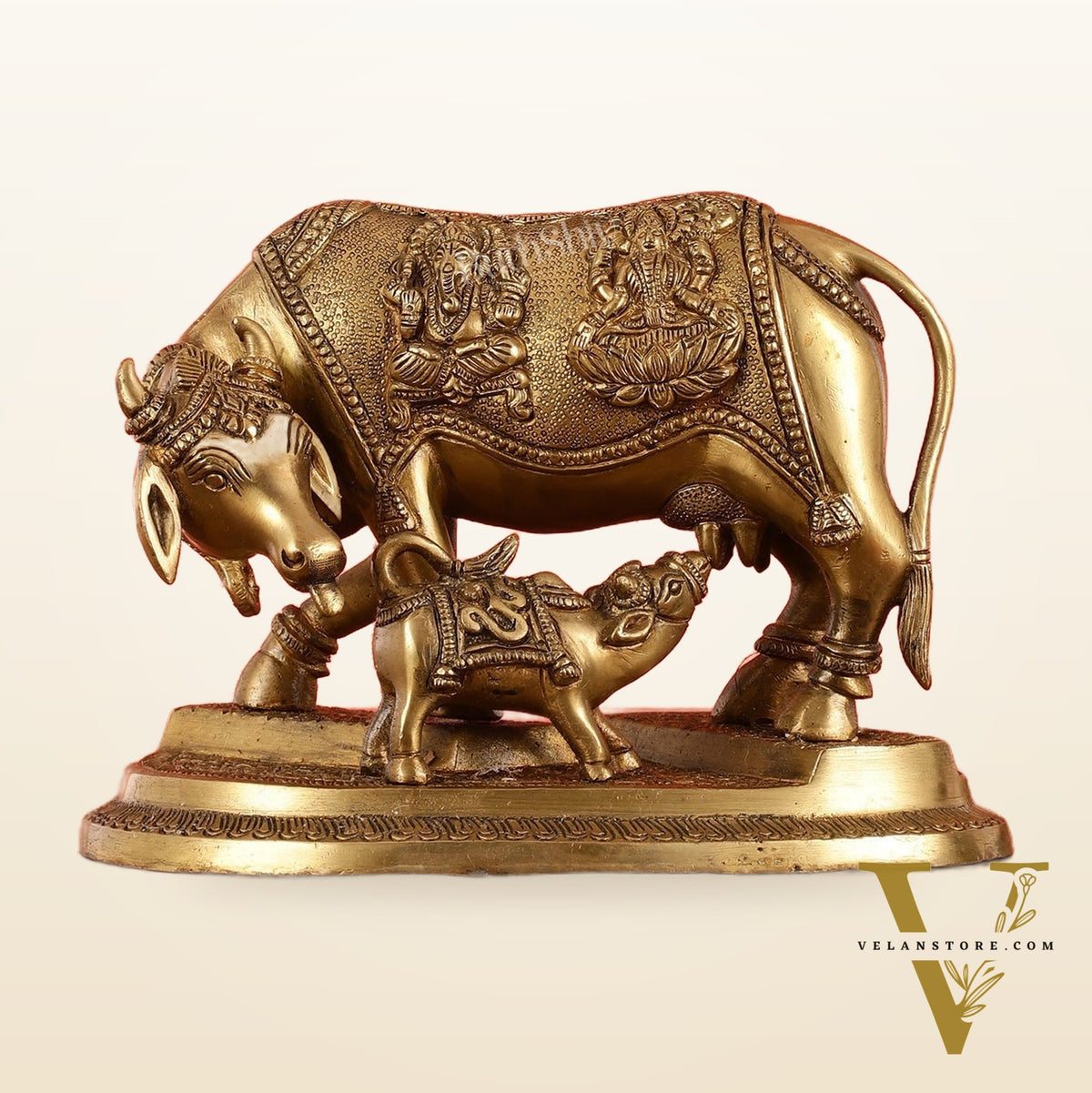 Brass Superfine Kamdhenu Cow with Calf Idol 8.5 inch