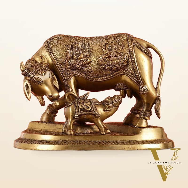 Brass Superfine Kamdhenu Cow with Calf Idol 8.5 inch