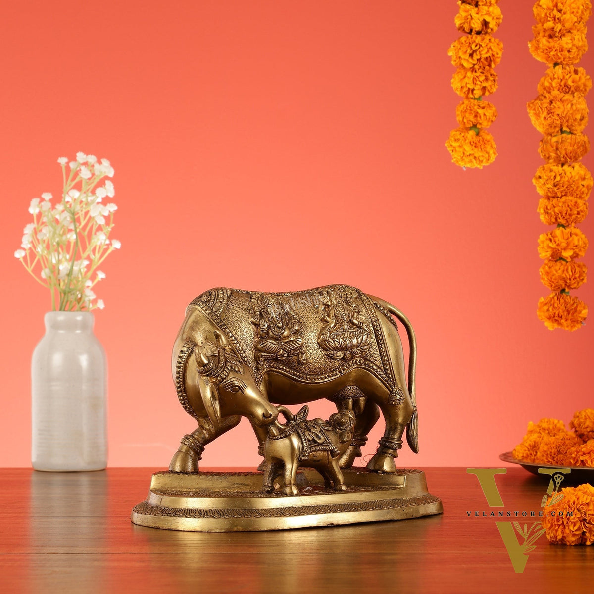 Brass Superfine Kamdhenu Cow with Calf Idol 8.5 inch