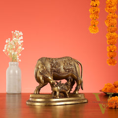 Brass Superfine Kamdhenu Cow with Calf Idol 8.5 inch