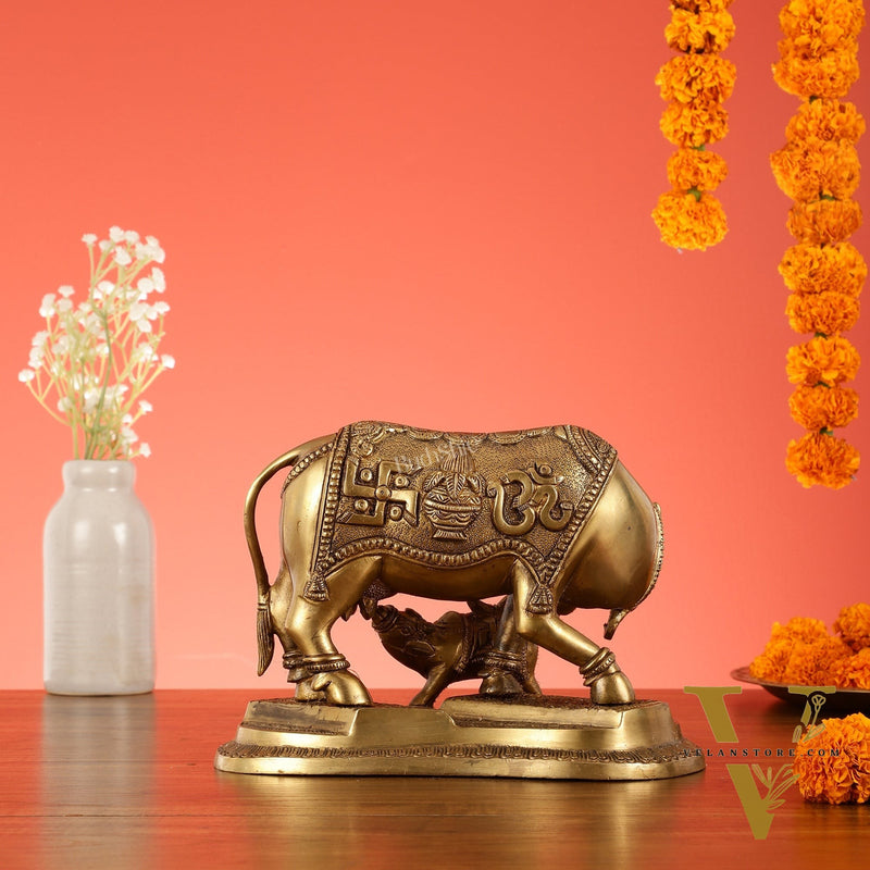 Brass Superfine Kamdhenu Cow with Calf Idol 8.5 inch