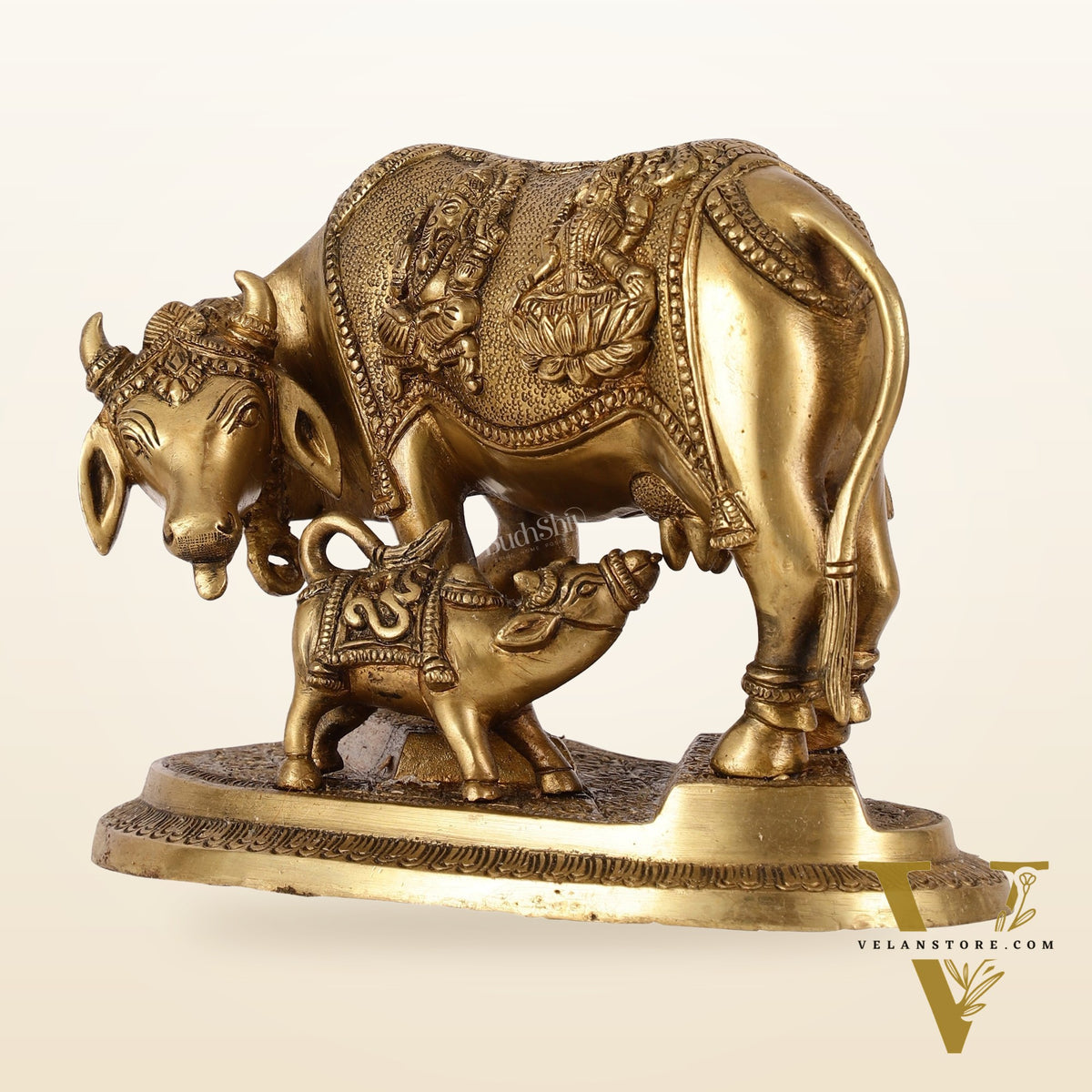 Brass Superfine Kamdhenu Cow with Calf Idol 8.5 inch