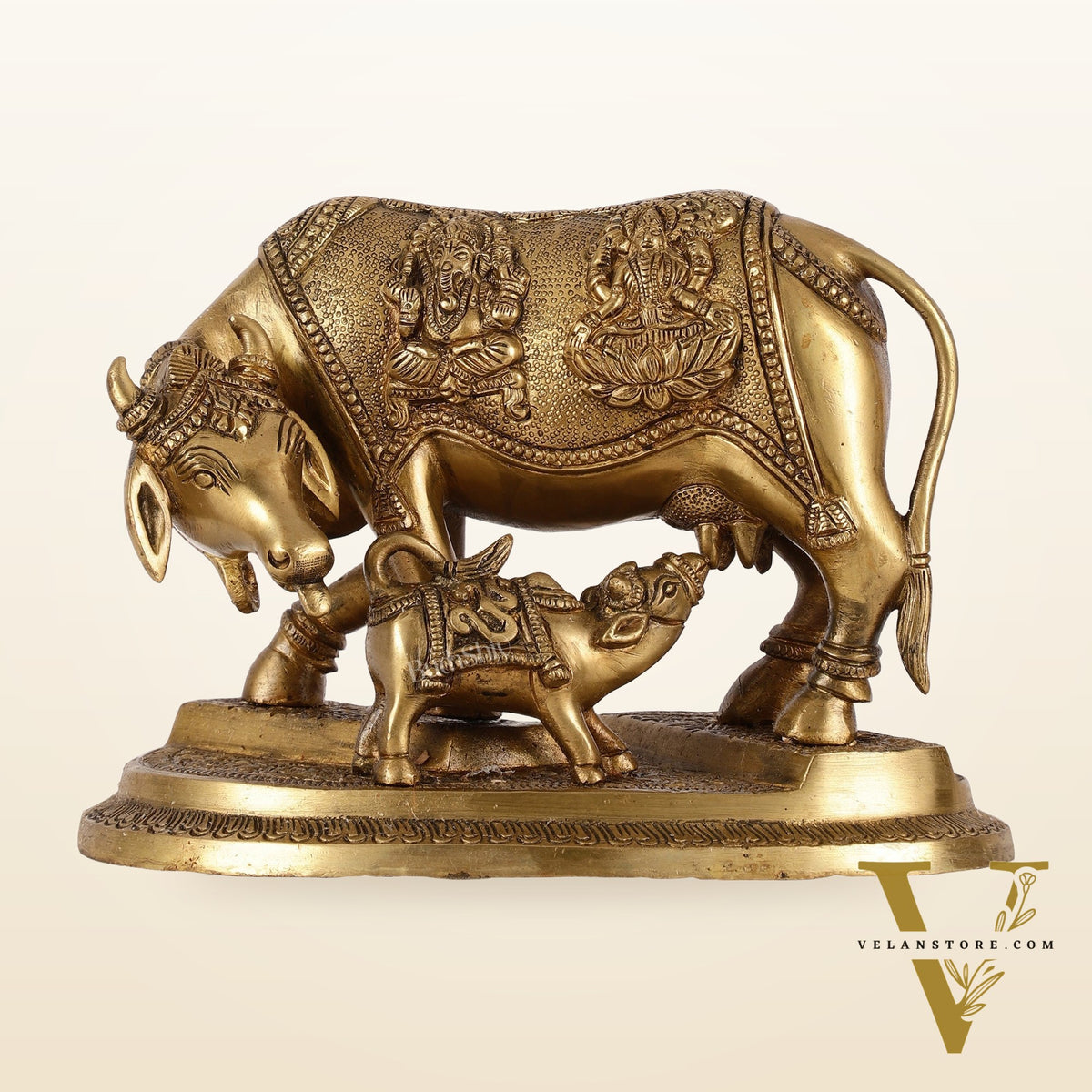 Brass Superfine Kamdhenu Cow with Calf Idol 8.5 inch
