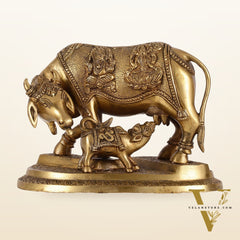 Brass Superfine Kamdhenu Cow with Calf Idol 8.5 inch
