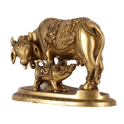 Brass Superfine Kamdhenu Cow with Calf Idol 8.5 inch